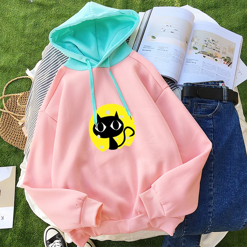 

Hoodies Women 2018 Autumn Long Sleeve Spell Color Splicing Hooded Sweatshirt Casual Fleece Harajuku Kawaii Cartoon Cat Tracksuit