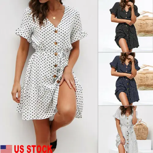 Летние Новые повседневные женские сексуальные с v-образным вырезом Boho Button Dress Dot