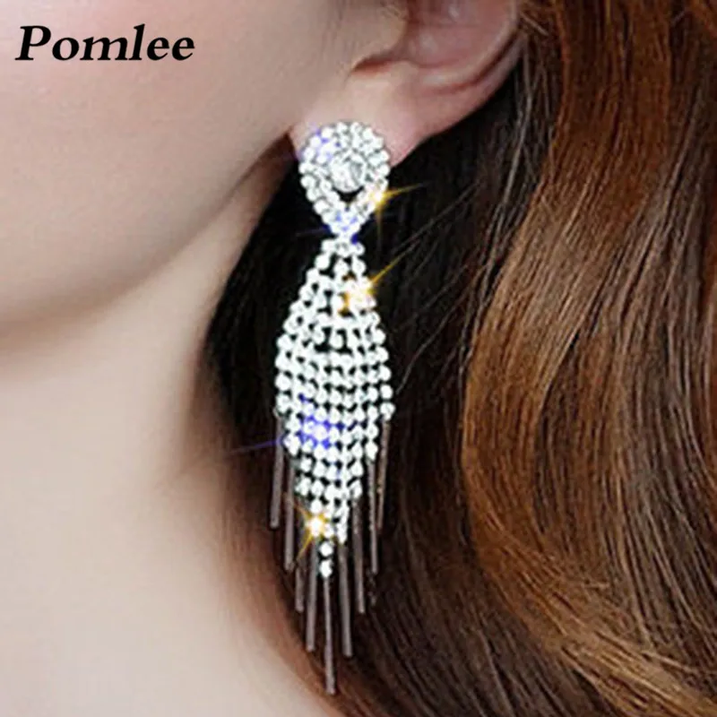 Pomlee 2019 Новые блестящие стеклянные висячие серьги с бахромой Свадебные украшения