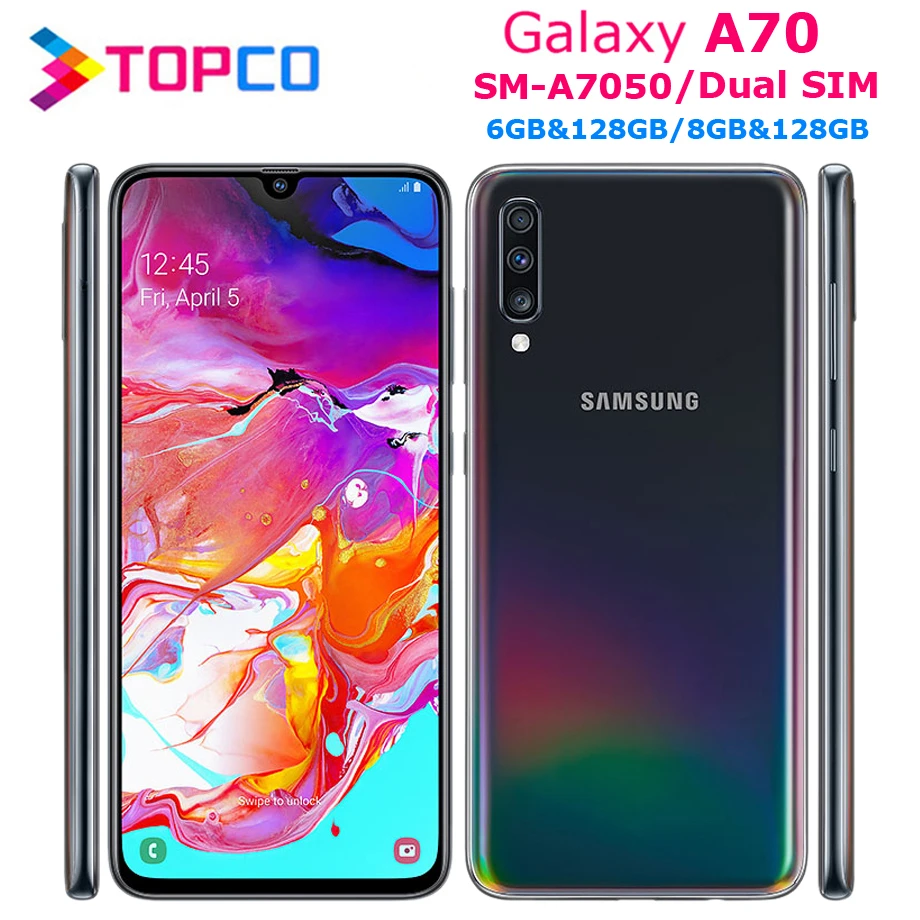 Samsung Galaxy A70 A7050, две sim-карты, четыре ядра, 6,7 дюймов, 4 камеры, 6 ГБ/8 ГБ ram, 128 ГБ rom, мобильный телефон Snapdragon 675, NFC