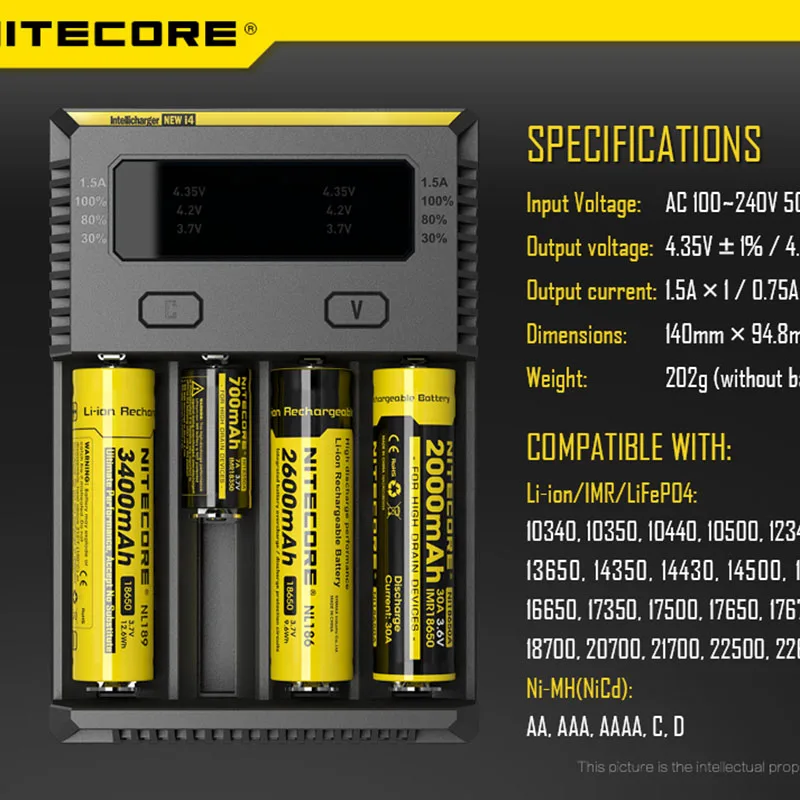 Original Nitecore New I4 Battery Charger 18650 14500 16340 26650 LCD Li-ion Fast 12V Charing for A AA AAA Batteries | Электроника