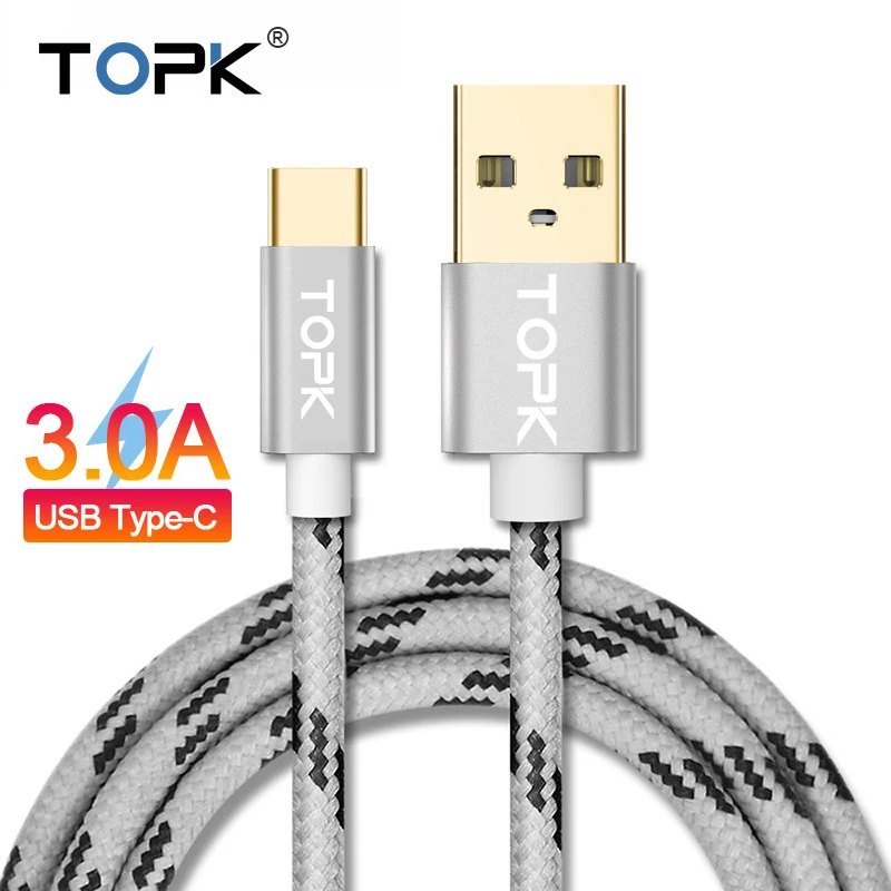 TOPK 3A USB Type C Cable Nylon Braided Data Sync Fast Charging Type-C Phone for Samsung Huawei Xiaomi HTC Sony | Мобильные телефоны