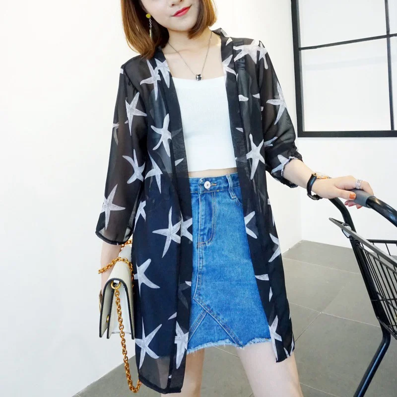 Модная женская рубашка с длинным рукавом Blusas куртка длинная свободная повседневная Sunblock укороченный шифоновый кардиган с принтом кимоно