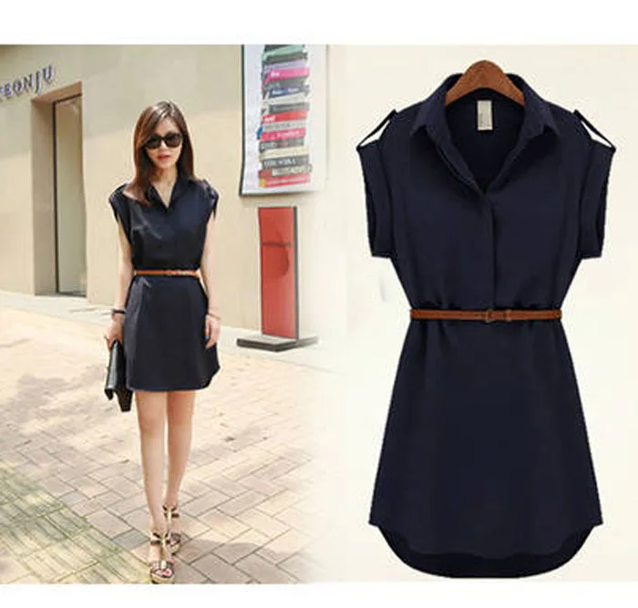 Feitong 2014 Hot Saels New Arrival 1PC Women Short Sleeve Belt Shirt Stretch Chiffon Casual OL Dress Free shipping &amp wholesale |