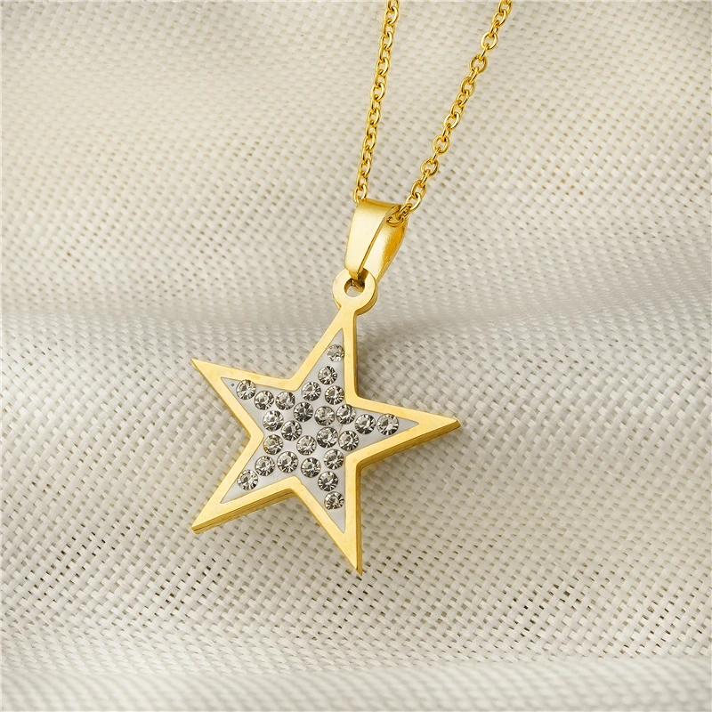 Top Quality Women Fashion Jewelry Necklaces Stainless Steel Star Pattern Crystal Pave Charm Korye Bijoux Femme | Украшения и