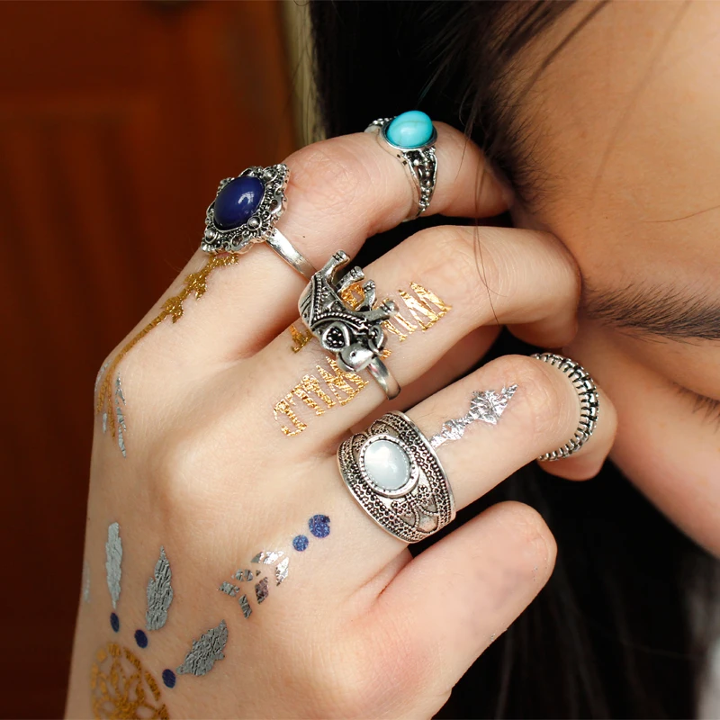 5 шт./компл. Ретро стиль преувеличенный синий драгоценный камень слон кольцо