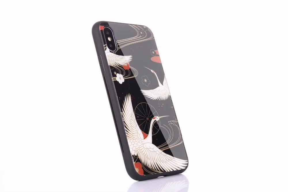 DuaGaiRen Japanese Style Crane Tempered Glass Back Case for iPhone 7 7plus 8 8plus 6s 6Plus X Phone |