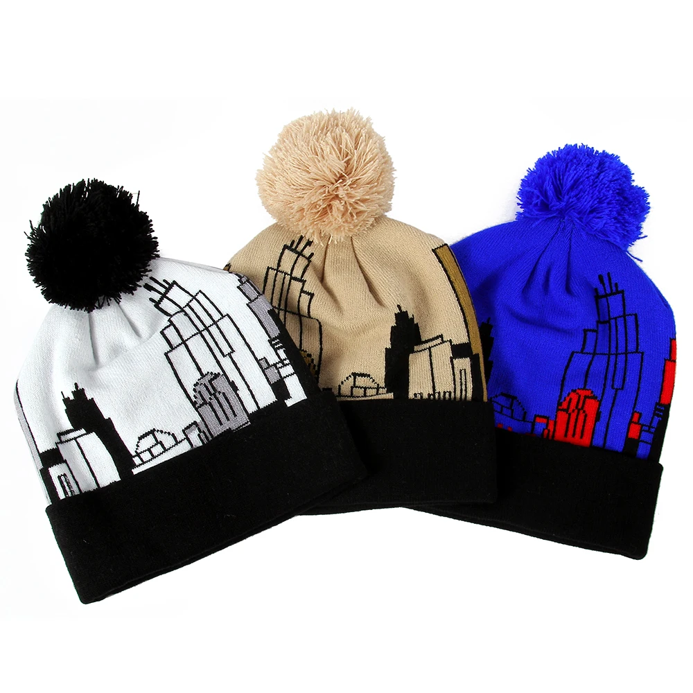 Winfox Повседневная зимняя шапка Skullies с меховым помпоном голубые белые вязаные