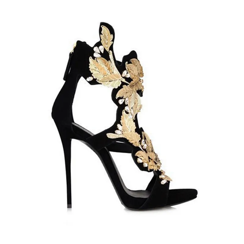 Роскошные женские босоножки с золотыми листьями черные замшевые сандалии