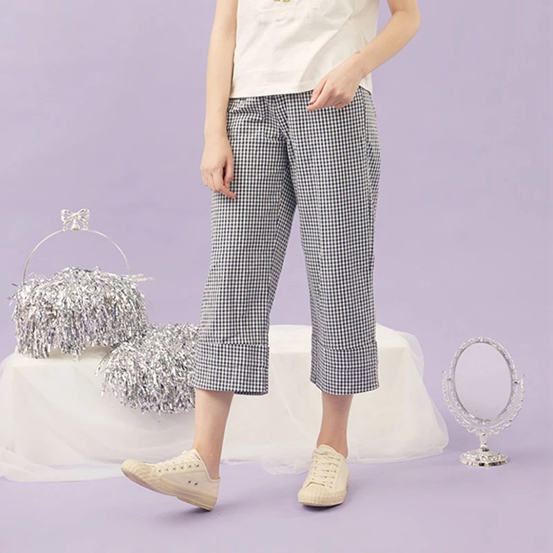 

Cute Funny Bow Tie Womens Capris Vintage Blue Plaid High Loose Waist Ladies Ankle-length Pants Straight Pants Summer Autumn New