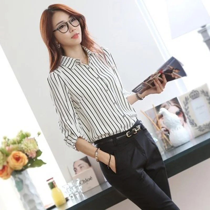Новая модная женская блузка OL с длинным рукавом белая черная полосатая тонкая