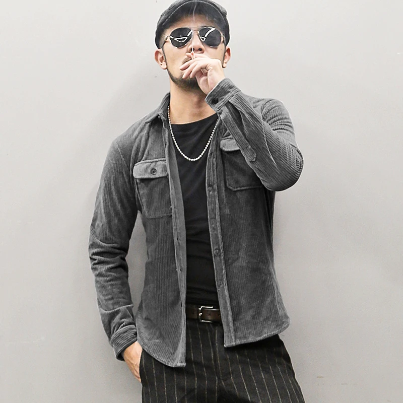 Men's Winter Dress Casual Corduroy European Style Long Sleeve Shirt New Slim Pockets Thickened Pure Cotton S896 | Мужская одежда