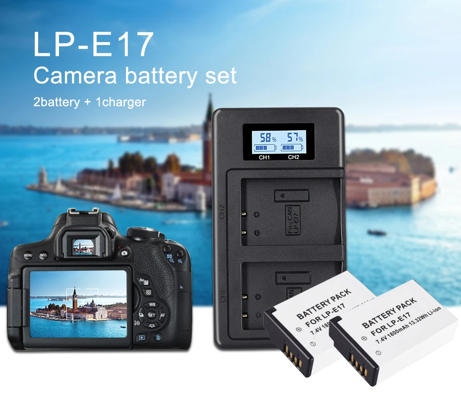 2X1800 мА/ч, LP-E17 LPE17 LP E17 Камера Батарея+ ЖК-дисплей Dual USB Зарядное устройство для цифровой однообъективной зеркальной камеры Canon EOS M3 M5 M6 750D 760D T6i T6s 800D 8000D поцелуй X8i