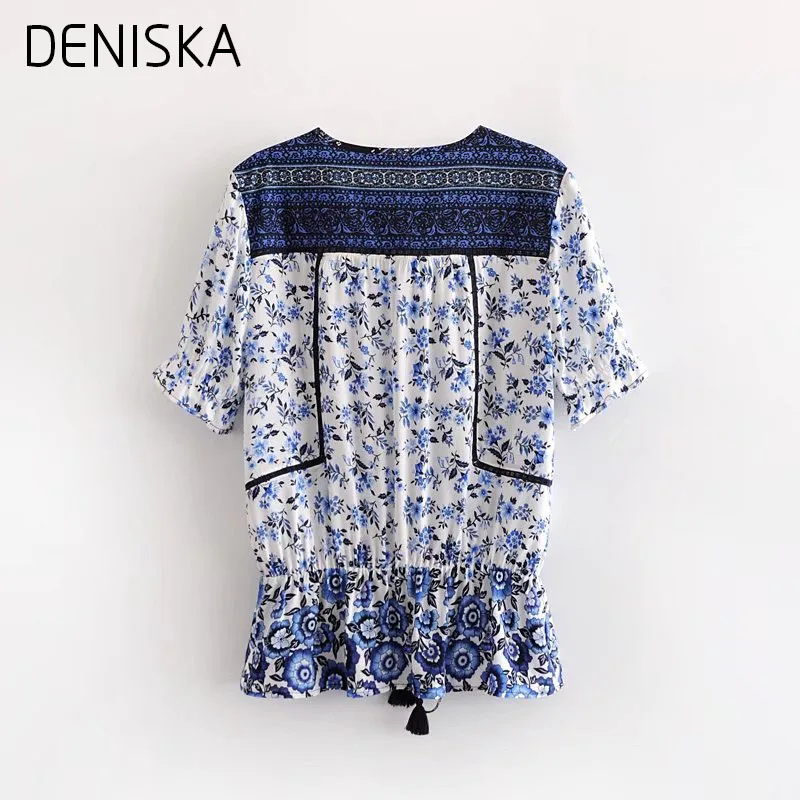 Дениска 2018 Для женщин с цветочным принтом Boho блузка Женский V шеи короткий рукав