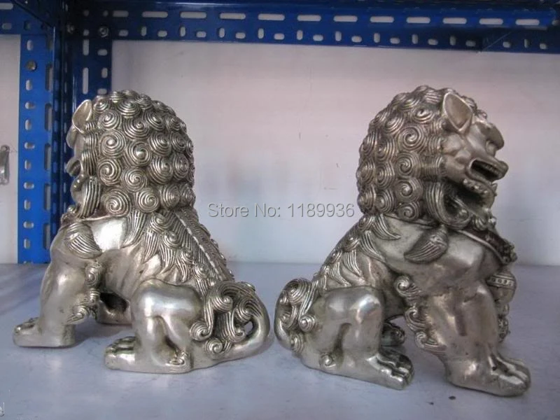 Chinese regius Copper Silver talisman Kirin kylin beast Door Foo Dog Lion Pair | Дом и сад