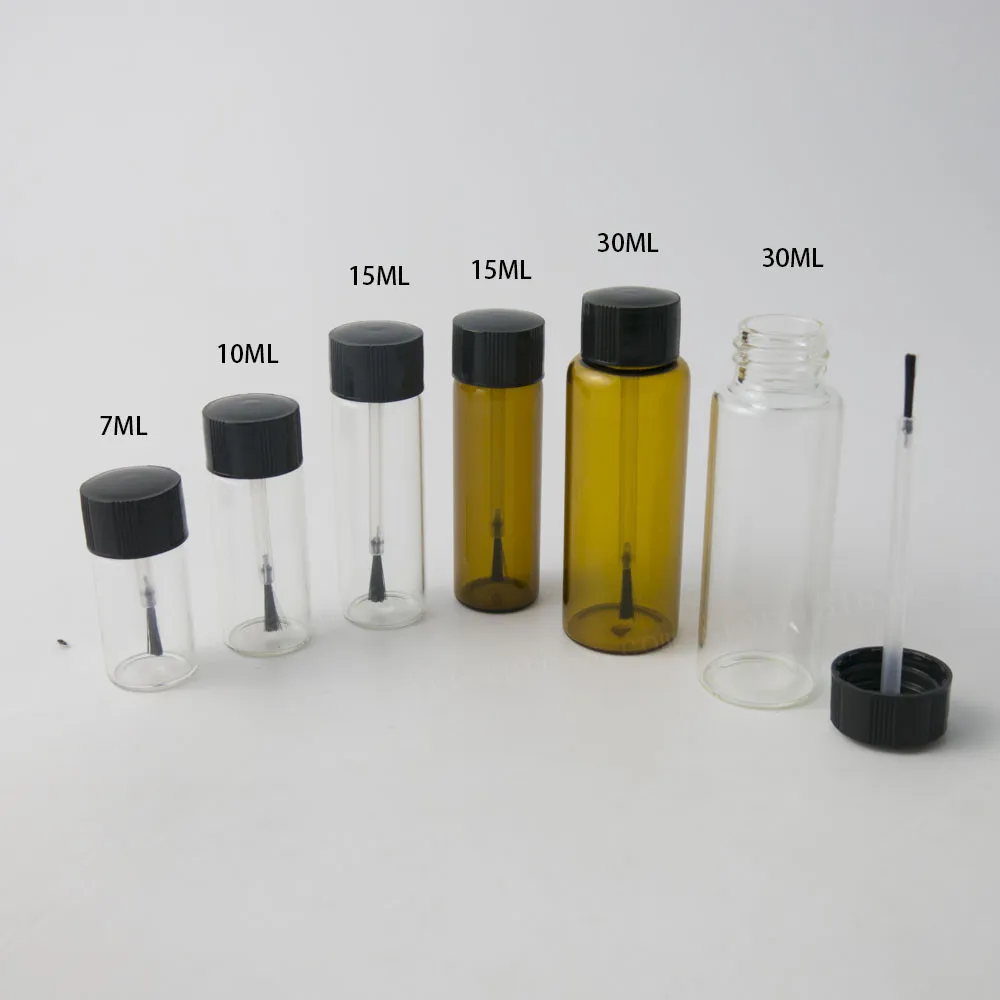 New Design!  50 x 7ml 10ml 15ml 30ml Refillable Clear Amber Glass Nail Polish Bottle WITH Black Lids Mini Cute Glass Container