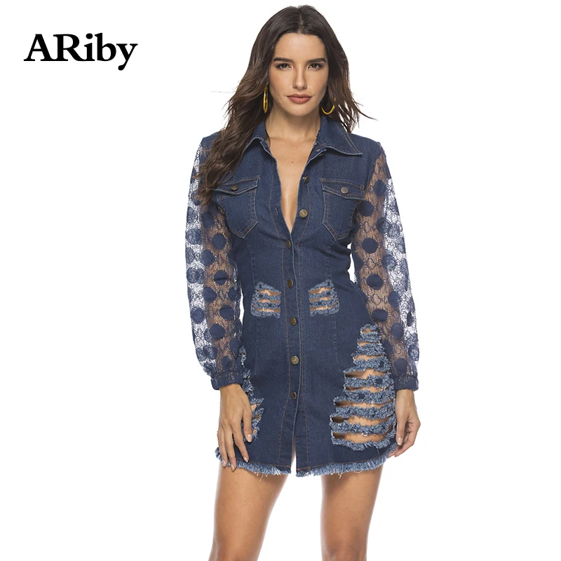 Женское платье Кружевное облегающее мини-платье в горошек с длинным рукавом и