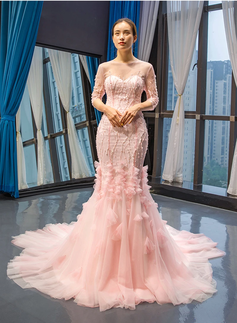 J66849 jancember mermaid evening dress elegant illusion o-neck half hot pink pageant dress wedding party robes de fiançailles