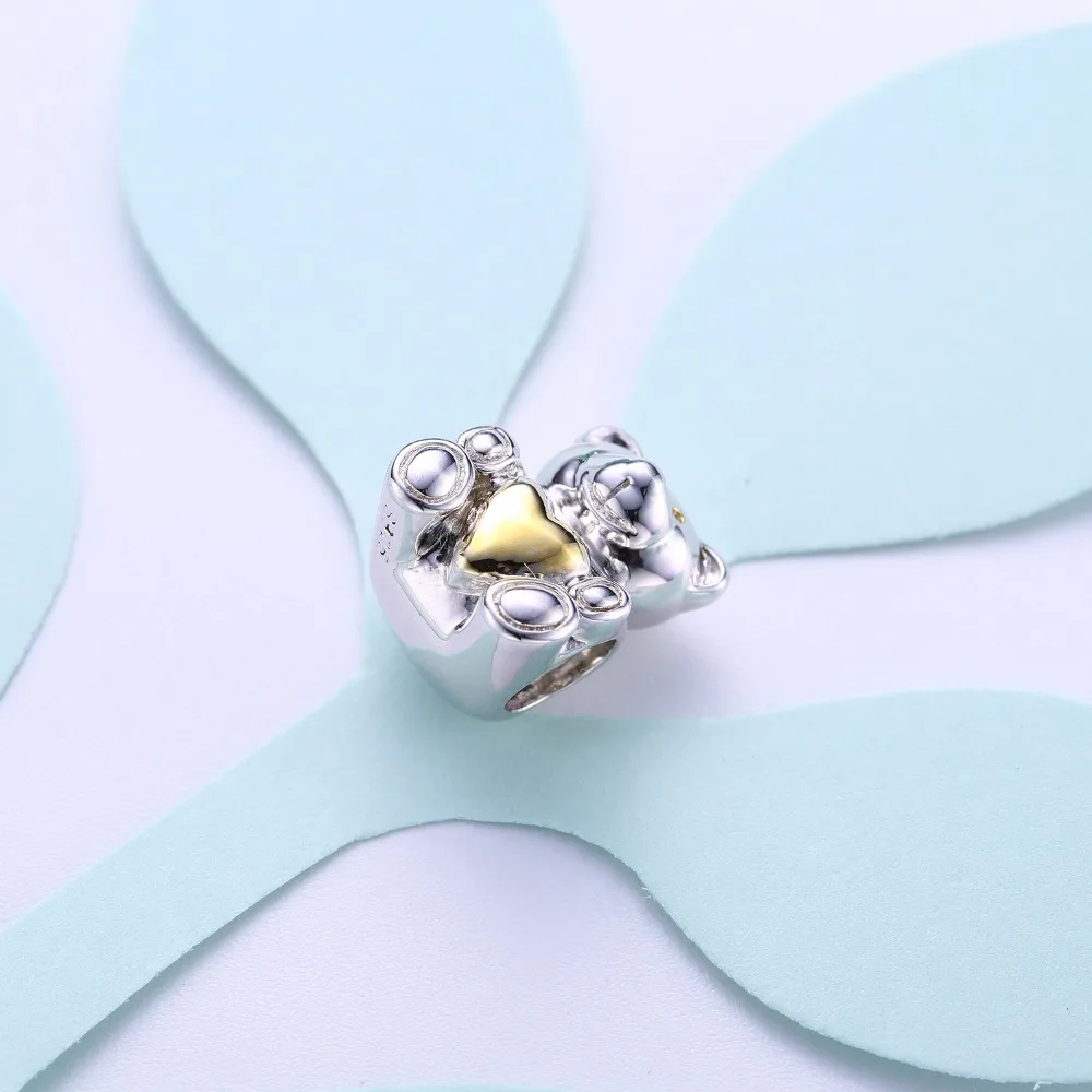 Видео! Золотое сердце Медведь Тедди 925 Стерлинговое серебро бусины шармы