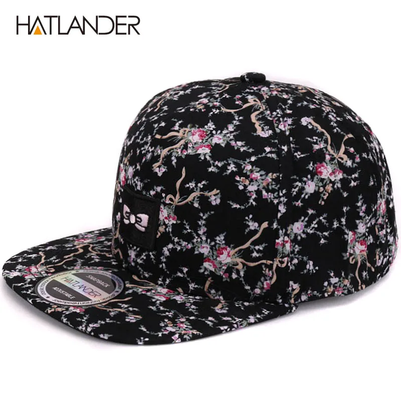 [HATLANDER] брендовые бейсболки с вышивкой и бантом для женщин, уличные кепки от солнца, женские цветочные кепки в стиле хип-хоп, бейсболки, кепки - Цвет: Black as picture