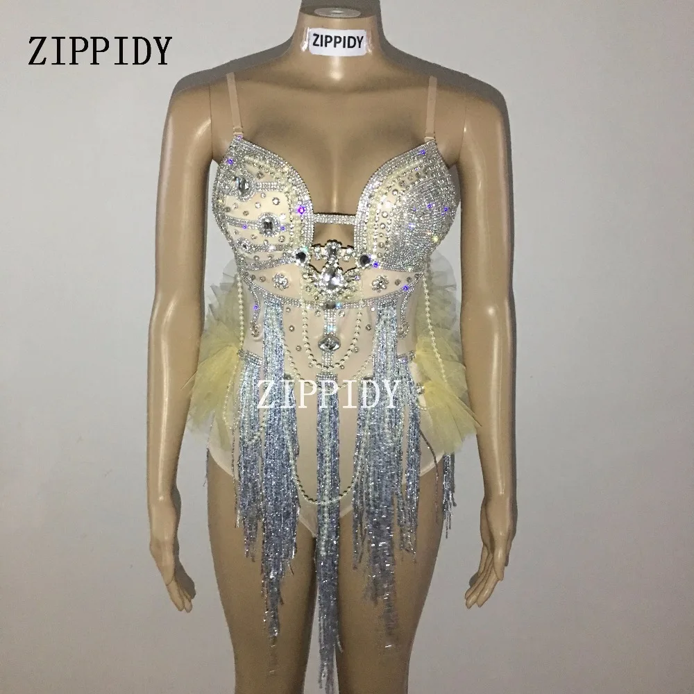 Sparkly Crystals Nude Tassel Bodysuit Chains Outfit Nightclub Bright Rhinestones Costume Female Singer Birthday Leotard