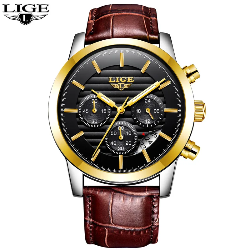L rose gold black LIGE мужские часы Топ Бренд роскошные кожаные кварцевые часы мужские военные спортивные водонепроницаемые золотые часы Relogio Masculino - Цвет: L rose gold black