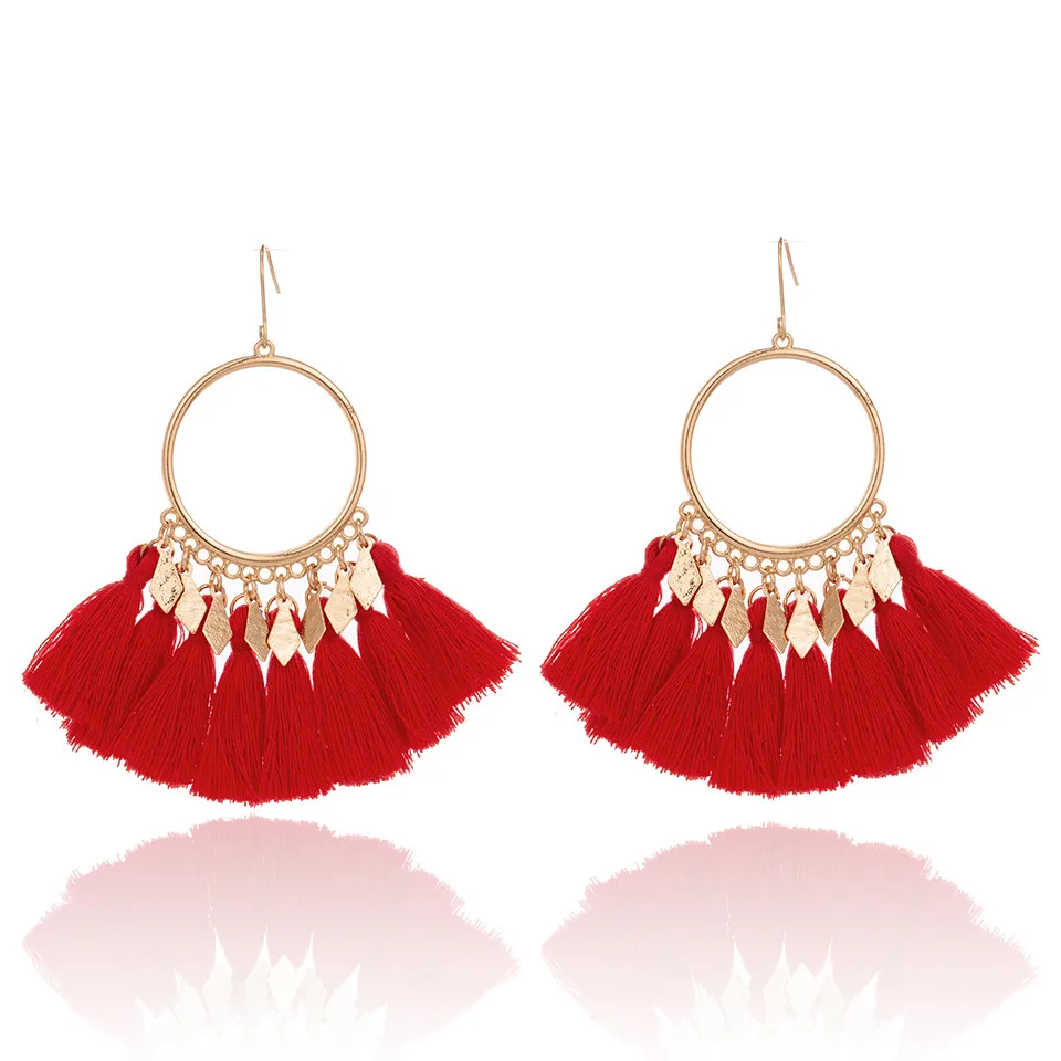 E021373B Boho Серьги Падения Для Женщин Серьги Кисточкой Большое Заявление Vintage Fringe Серьги Мотаться Красный Желтый Черный Зеленый Ювелирные Изделия - Окраска металла: E021373B