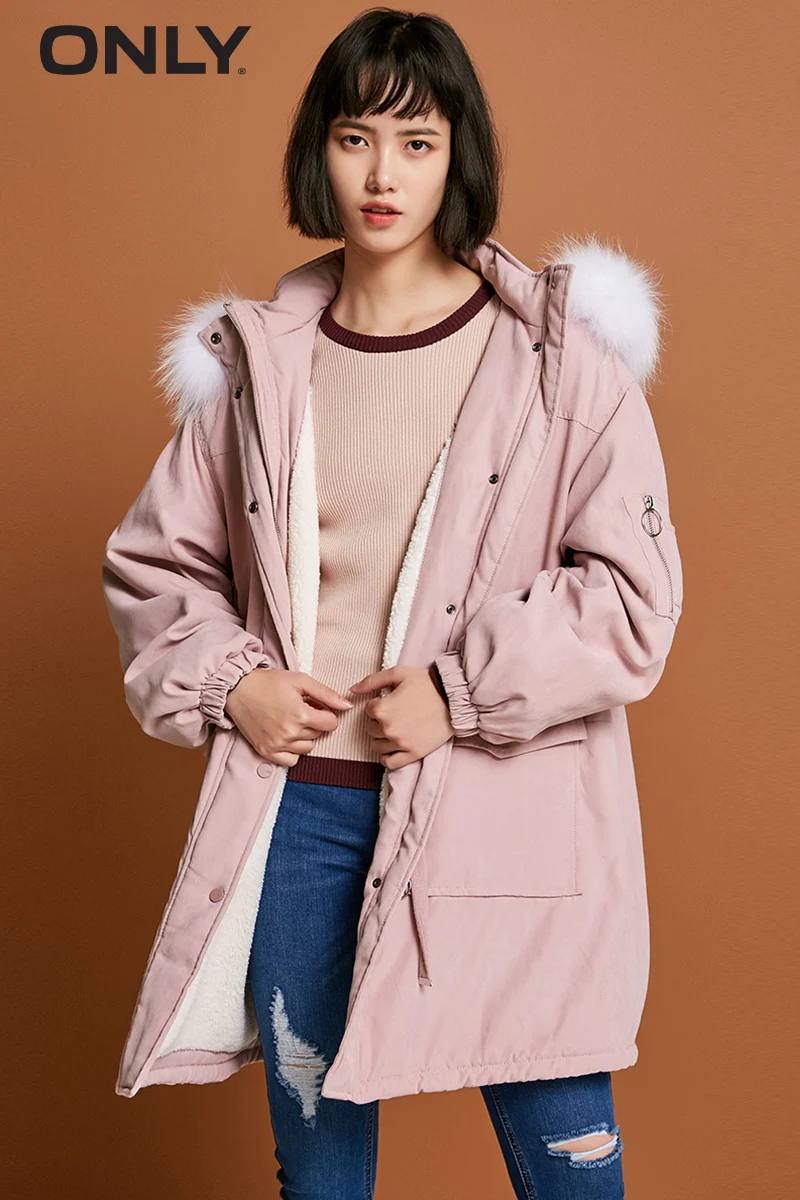 ONLY Women's Raccoon Fur Collar Cinched Waist Long Cotton Coat |118122501