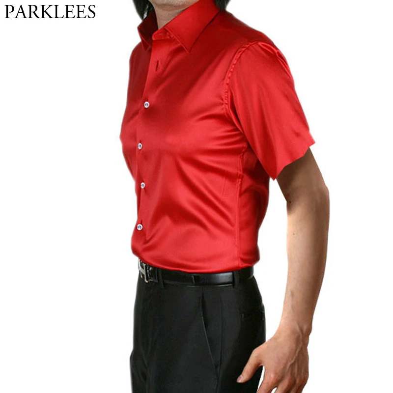 

Mens Slim Fit Short Sleeve Silk Shirt 2019 Satin Smooth Men Red Tuxedo Shirt Wedding Business Male Casual Social Shirt Chemise