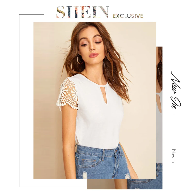 SHEIN модная летняя футболка с коротким рукавом и кружевным гипюром, женская одежда, повседневная однотонная женская футболка с круглым вырезом
