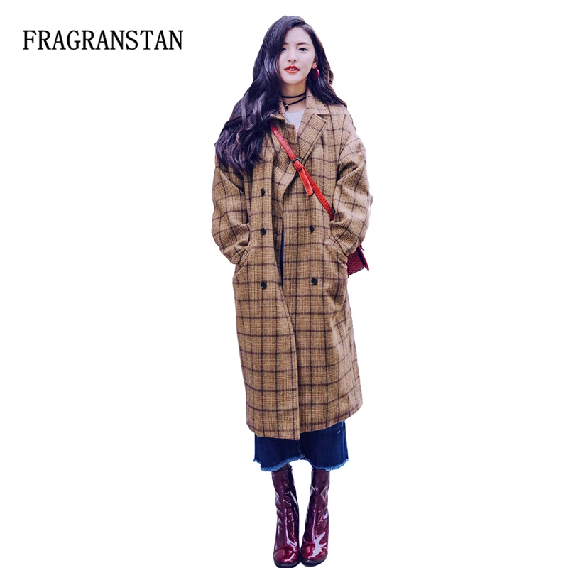 Женское шерстяное пальто в клетку двубортное свободное теплое с отложным