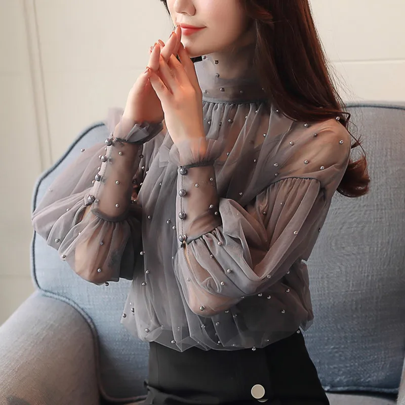 Блузка 2019 Blusas Blouse Hot Sale Vadim Plus Size New Womens Shirt Long-sleeved Super Fairy Beaded High Collar Lantern Sleeve Women on.