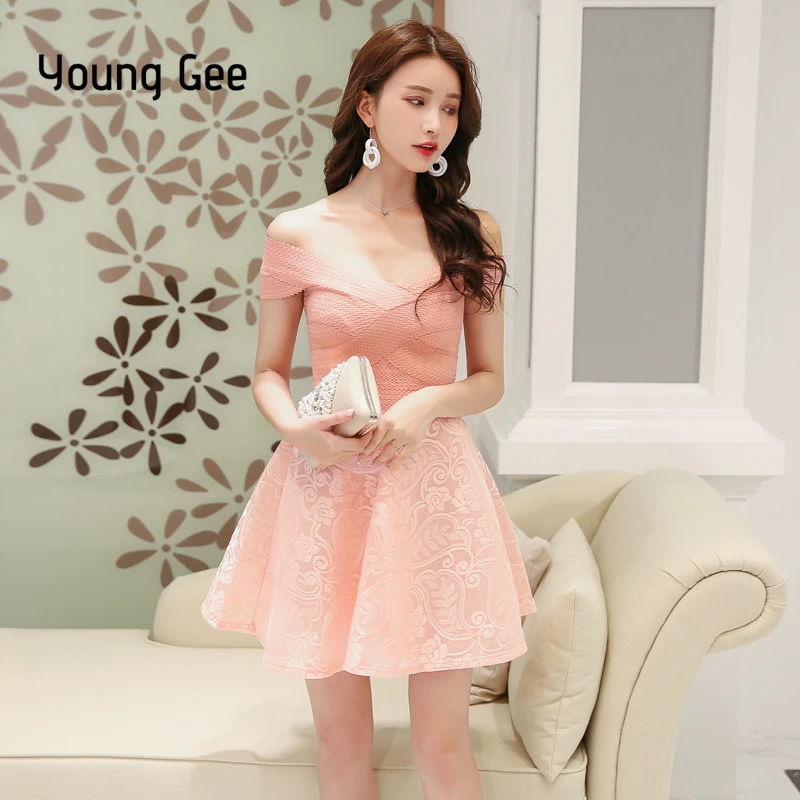 YoungGee Robe Femme Элегантное летнее розовое белое кружевное Бандажное платье для женщин с открытыми плечами вечерние мини-платья трапециевидной формы vestidos de fiesta