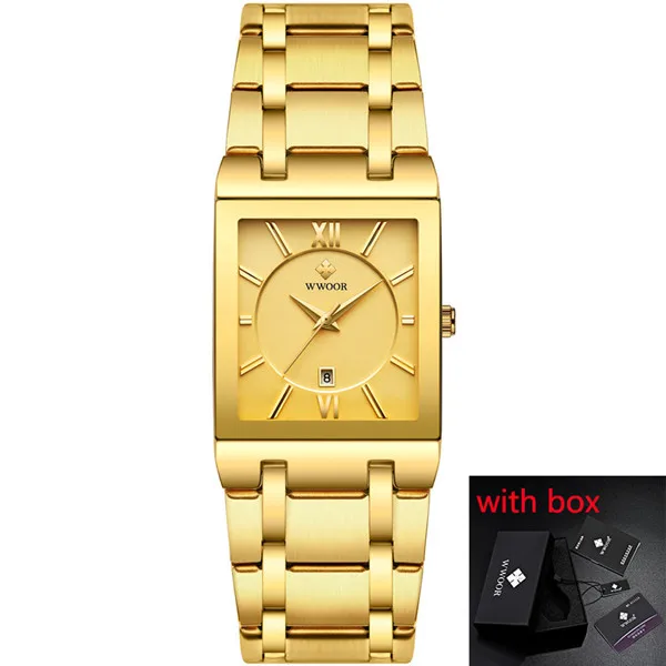 gold with box Роскошные Для Мужчин's кварцевый аналог наручных часов WWOOR 8858 браслет для мужчин прямоугольный часы бизнес класса Relogio Masculino# c - Цвет: gold with box