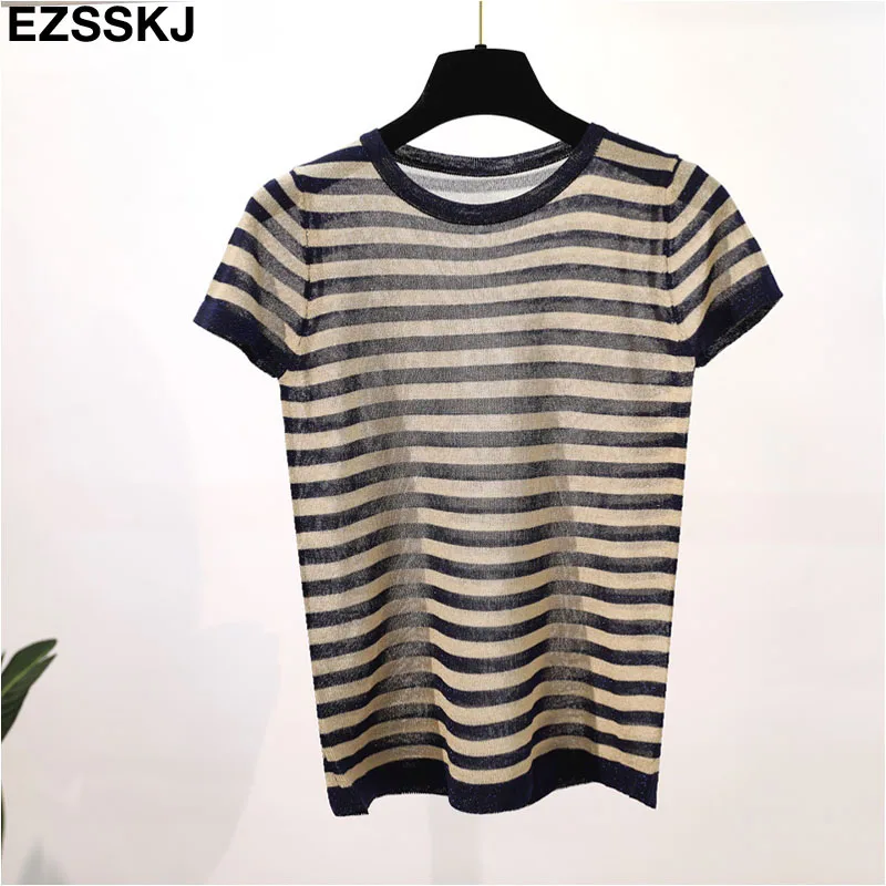thin summer striped knit t-shirt Women short sleeve T-Shirt bling O-neck cool Glitter Basic t-shirt sexy shiny top