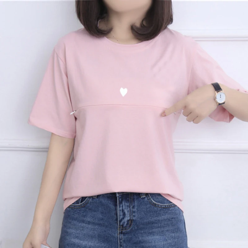 Nursing Zipper Tops Breastfeeding T Shirts for Pregnant Summer Embarazada Short Sleeve Heart Embroidery Tee Maternity Clothes | Мать и