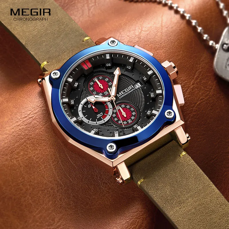 

Megir Men's Army Chronograph Quartz Watches Leather 3 atm Waterproof Sports Wristwatch for Man Relogios Masculino 2098 Rose Blue