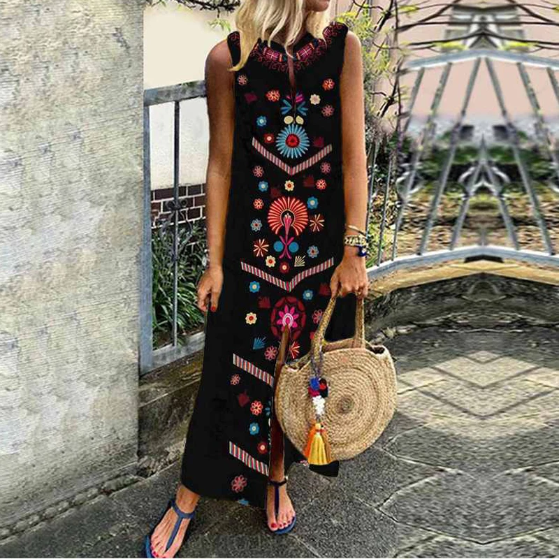 Для женщин летние flpral Boho Повседневное длинное вечерние коктейльное пляжное платье Открытое платье без рукавов, из набивной ткани, с Разделение в этническом стиле платье