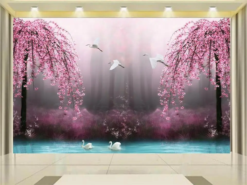 

custom mural photo 3d wallpaper living room peach blossom swan lake 3d painting store background non-woven wallpaper for wall 3d