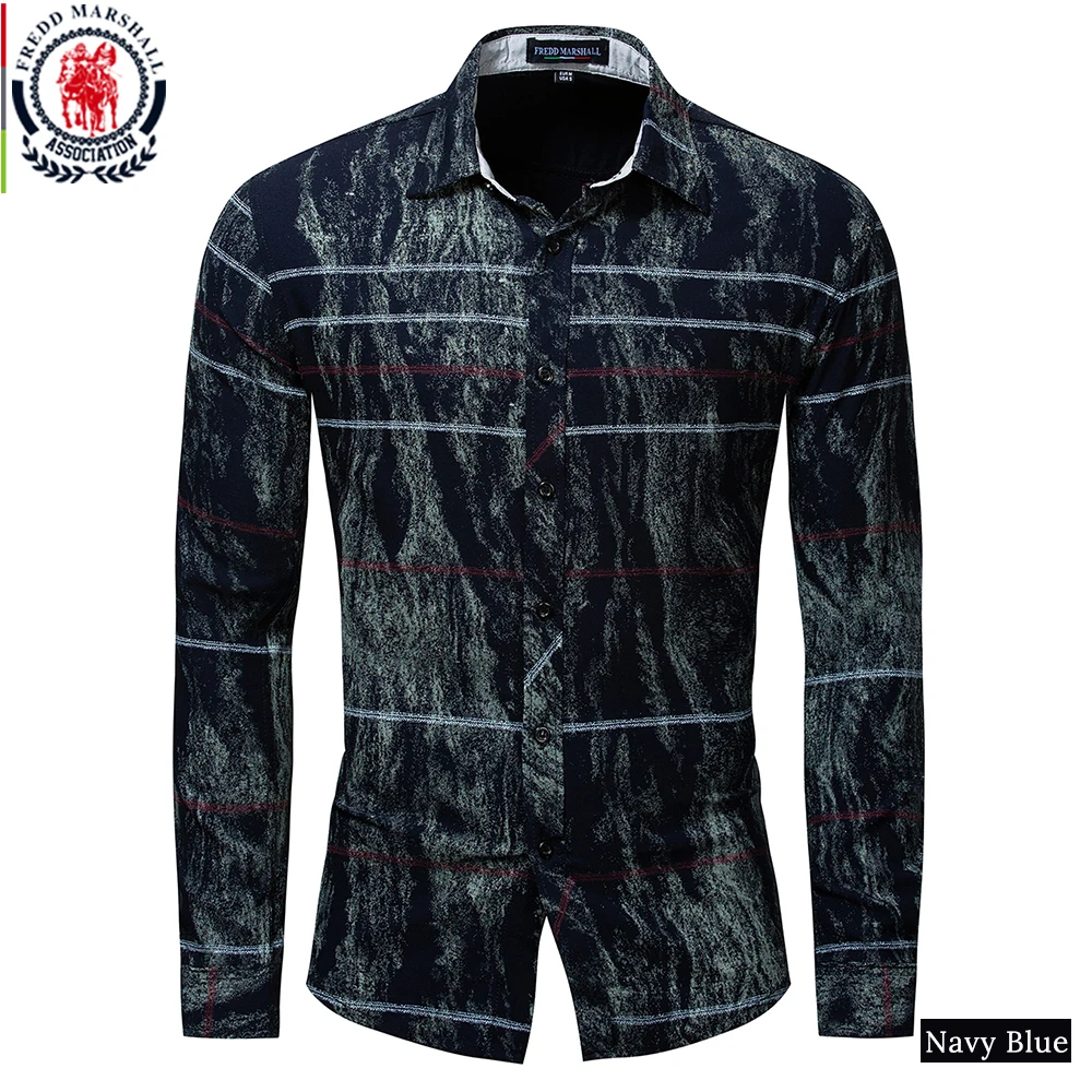 179 Navy Blue Fredd Marshall, осенняя модная Ретро рубашка с принтом, мужская полосатая рубашка с длинным рукавом, Повседневная рубашка, Мужская брендовая одежда 179 - Цвет: 179 Navy Blue
