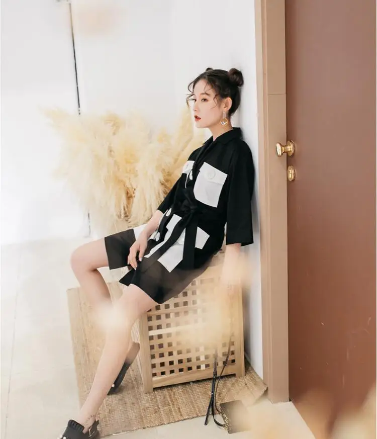 WHITNEY WANG 2019 Summer Fashion Streetwear Colors Contrast Pockets Big Buttons Sashes Shirt Dress Women Casual | Женская одежда