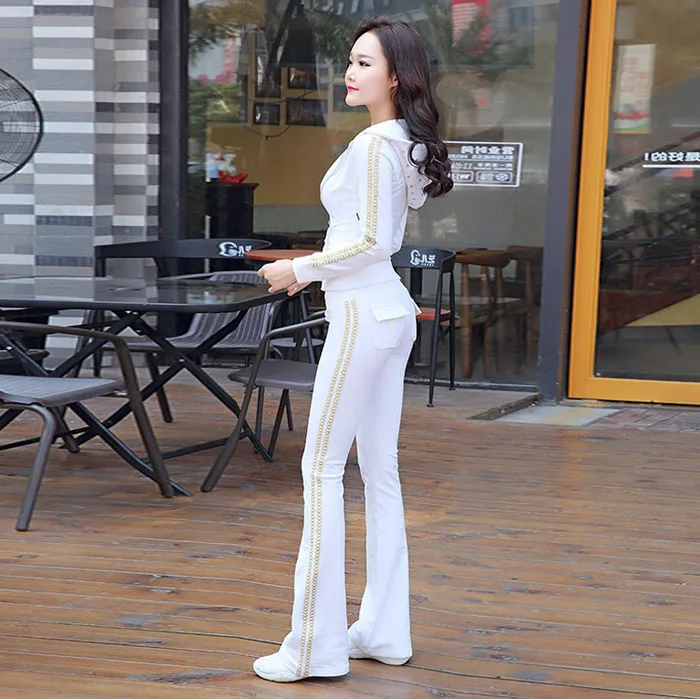 Hot 2018 Spring Full Zipper Fashion Cotton  New Leisure 2 Suit Hot Drilling Hoodie + Vertical Stripe Trousers Two Sets Of Women