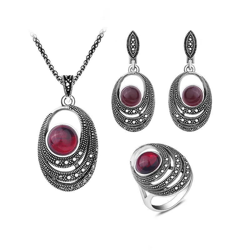 Red Sellsets, винтажный ювелирный набор, античный серебряный цвет, зеленые серьги из смолы, кольцо и кулон, ожерелье, ювелирные наборы для женщин, подарки - Окраска металла: Red