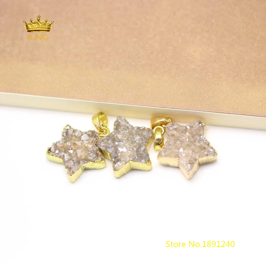 10 шт. Sparkly шампанское Титан Druzy звезда Подвеска для Цепочки и ожерелья, покрытием золото поручительств сырья Drusy Кварц ремесло серьги GH265