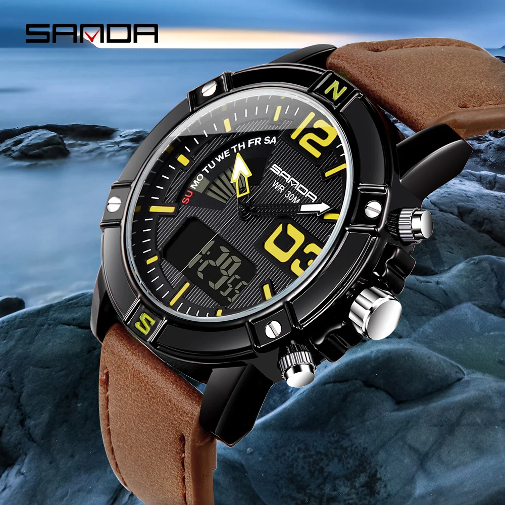 

SANDA Brand Chronograph Sport Men's Watch Waterproof Leather Men's Army Military Watch Man Quartz Clock Male Relogio Masculino
