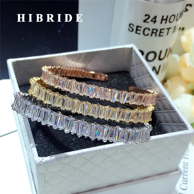 

HIBRIDE Luxury Clear Baguette Cubic Zircon Women Cuff Bangles&Bracelets Gold-Color Pulseiras Bangle Gifts bijoux B-119