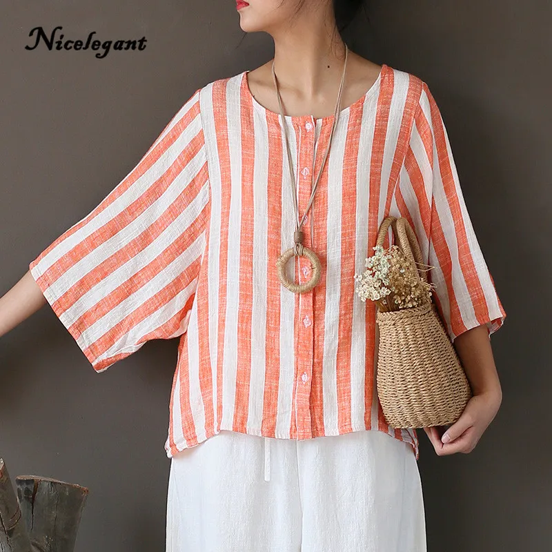 2019 New Women Shirts Vintage Comfortably Thin Half Sleeve O-Neck Cotton Linen Loose Original Casual Tops Female Striped |