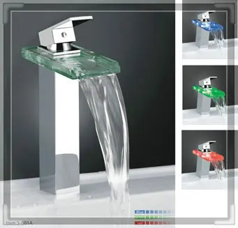 three holes Colorful 3 Colors RGB Led Bathroom Faucet Chrome Finish Deck Mounted Basin Sink Mixer Tap Waterfall S- | Обустройство