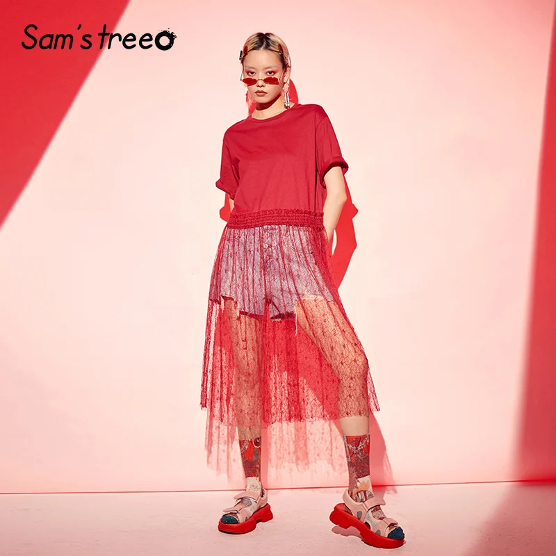 Samstree сетчатые Лоскутные женские футболки, одноцветные с круглым вырезом, повседневные женские топы, летние модные милые кружевные женские футболки