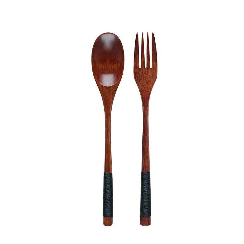 Black Spoon Fork Set Деревянная посуда в японском стиле Ложка Вилка палочки для еды набор деревянная посуда длинная ложка портативная походная кухонная посуда набор - Цвет: Black Spoon Fork Set